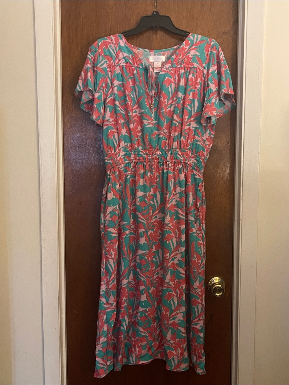 Flutter-Sleeve Floral Midi Dress in Coral and Teal